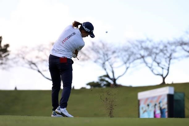 Hinako Shibuno of Japan hits her third shot on the playoff first hole on the 18th hole during the final round of the Stanley Ladies at Tomei Country...