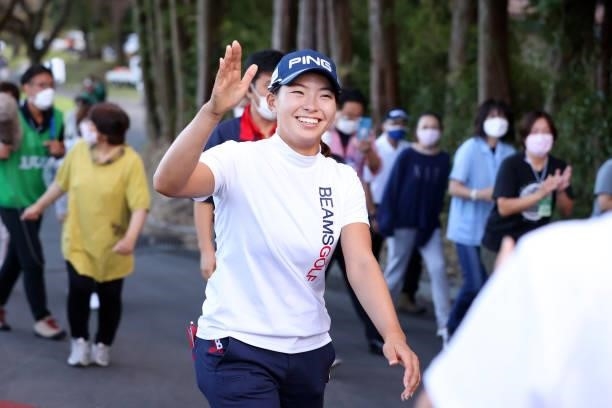 Hinako Shibuno of Japan celebrates winning the tournament following the final round of the Stanley Ladies at Tomei Country Club on October 10, 2021...