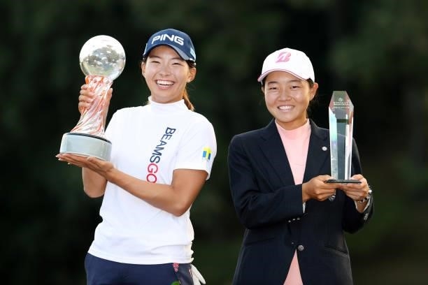 Winner Hinako Shibuno and low amateur Miyu Sato of Japan pose after the final round of the Stanley Ladies at Tomei Country Club on October 10, 2021...