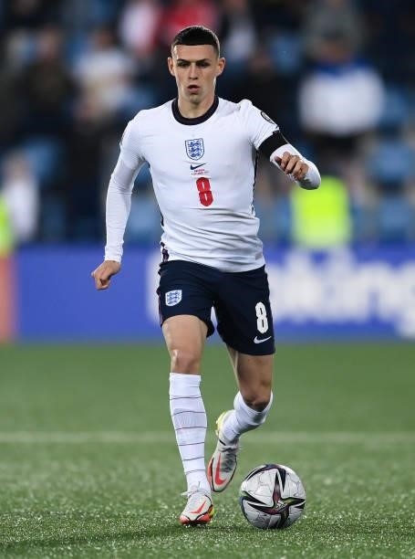 Phil Foden of England runs with the ball during the 2022 FIFA World Cup Qualifier match between Andorra and England at Estadi Nacional on October 09,...