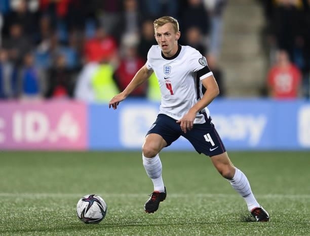 James Ward-Prowse of England runs with the ball during the 2022 FIFA World Cup Qualifier match between Andorra and England at Estadi Nacional on...