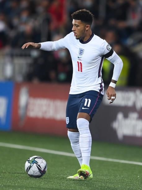 Jadon Sancho of England runs with the ball during the 2022 FIFA World Cup Qualifier match between Andorra and England at Estadi Nacional on October...