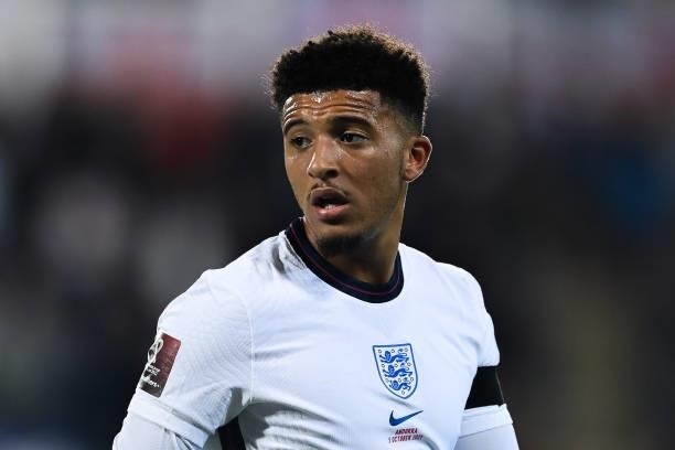 Jadon Sancho of England looks on during the 2022 FIFA World Cup Qualifier match between Andorra and England at Estadi Nacional on October 09, 2021 in...