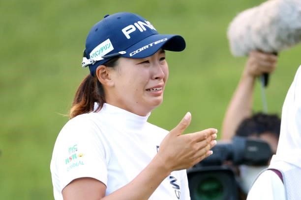 Hinako Shibuno of Japan sheds tears with joy after winning the tournament through the playoff following the final round of the Stanley Ladies at...