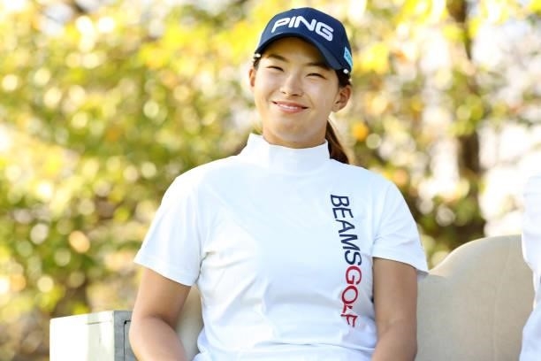 Hinako Shibuno of Japan smiles on the cart on her way to the 18th tee for the playoff first hole following the final round of the Stanley Ladies at...