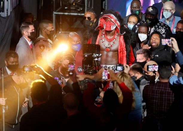 Deontay Wilder makes his ring entrance for his WBC heavyweight title fight against Tyson Fury at T-Mobile Arena on October 9, 2021 in Las Vegas,...