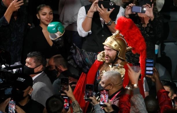 Tyson Fury makes his ring entrance for his WBC heavyweight title fight against Deontay Wilder at T-Mobile Arena on October 9, 2021 in Las Vegas,...