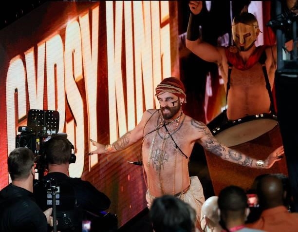 Performers enter the arena ahead of Tyson Fury making his ring entrance for his WBC heavyweight title fight against Deontay Wilder at T-Mobile Arena...