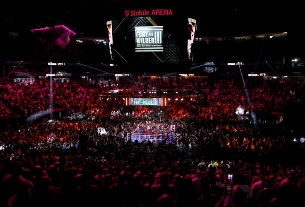 Tyson Fury and Deontay Wilder are introduced before their WBC heavyweight title fight at T-Mobile Arena on October 9, 2021 in Las Vegas, Nevada. Fury...