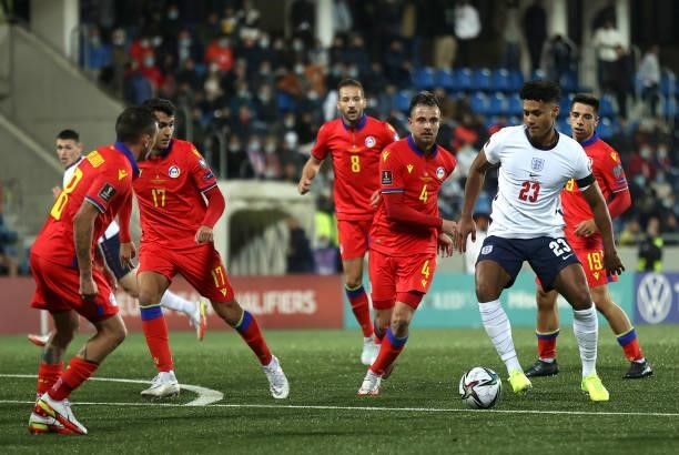 Ollie Watkins of England runs with the ball during the 2022 FIFA World Cup Qualifier match between Andorra and England at Estadi Nacional on October...