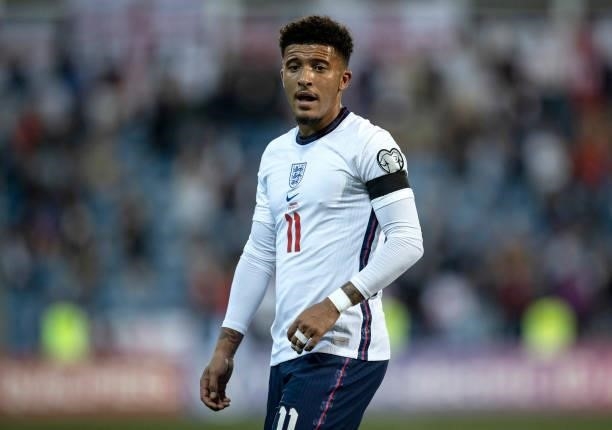Jadon Sancho of England looks on during the 2022 FIFA World Cup Qualifier match between Andorra and England at Estadi Nacional on October 09, 2021 in...