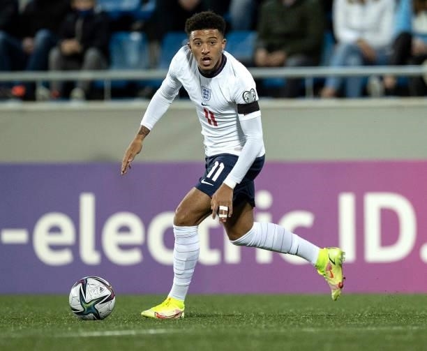 Jadon Sancho of England runs with the ball during the 2022 FIFA World Cup Qualifier match between Andorra and England at Estadi Nacional on October...