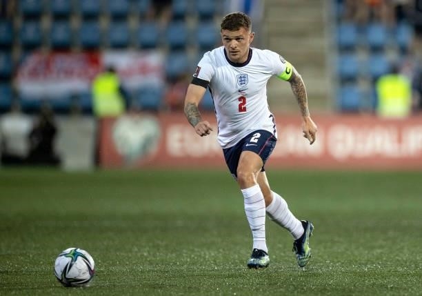 Kieran Trippier of England runs with the ball during the 2022 FIFA World Cup Qualifier match between Andorra and England at Estadi Nacional on...