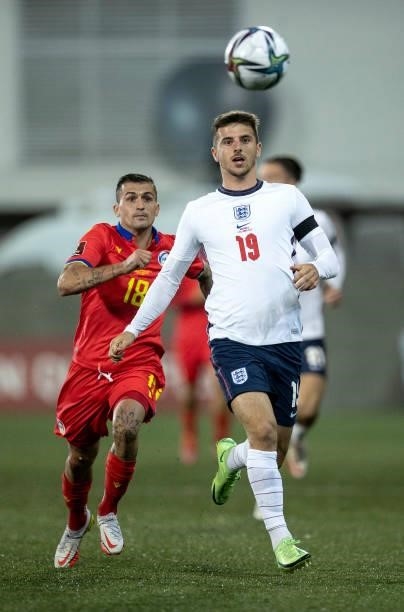 Mason Mount of England runs with the ball under pressure from Jesus Rubio of Andorra during the 2022 FIFA World Cup Qualifier match between Andorra...