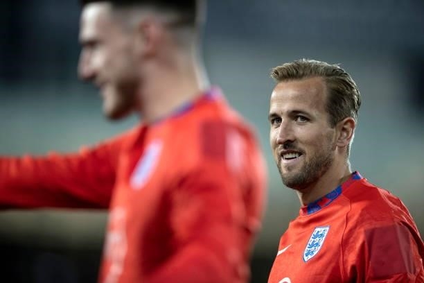 Harry Kane looks on prior to the 2022 FIFA World Cup Qualifier match between Andorra and England at Estadi Nacional on October 09, 2021 in Andorra la...