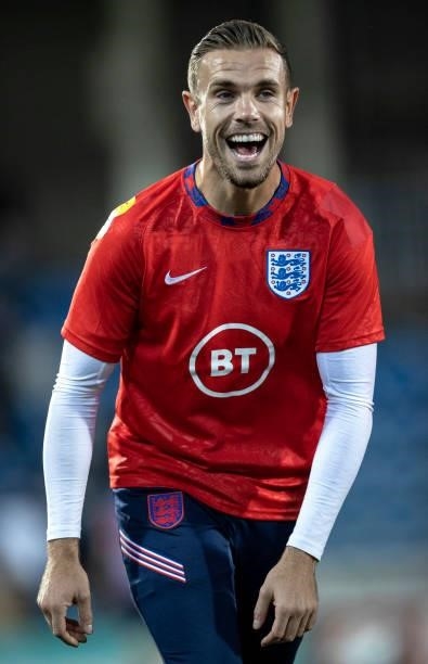 Jordan Henderson of England reacts prior to the 2022 FIFA World Cup Qualifier match between Andorra and England at Estadi Nacional on October 09,...