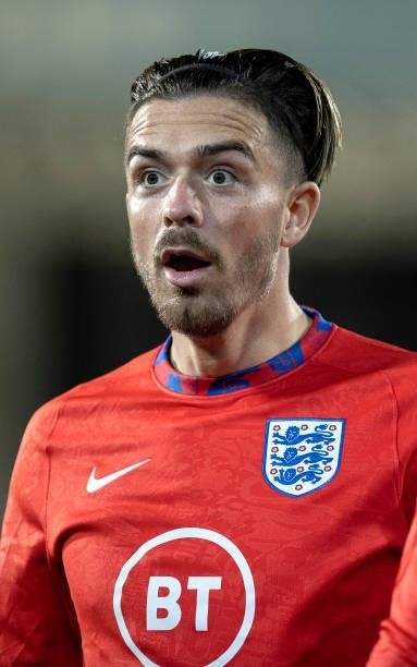 Jack Grealish of England reacts prior to the 2022 FIFA World Cup Qualifier match between Andorra and England at Estadi Nacional on October 09, 2021...