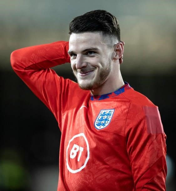 Declan Rice of England reacts prior to the 2022 FIFA World Cup Qualifier match between Andorra and England at Estadi Nacional on October 09, 2021 in...