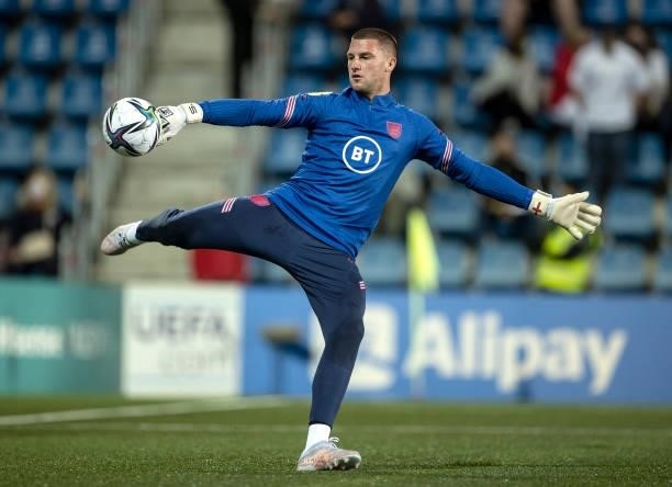 Sam Johnstone of England warms up prior to the 2022 FIFA World Cup Qualifier match between Andorra and England at Estadi Nacional on October 09, 2021...