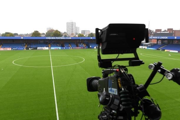 General view of a TV camera inside the stadium prior to the Barclays FA Women's Super League match between Chelsea Women and Leicester City Women at...