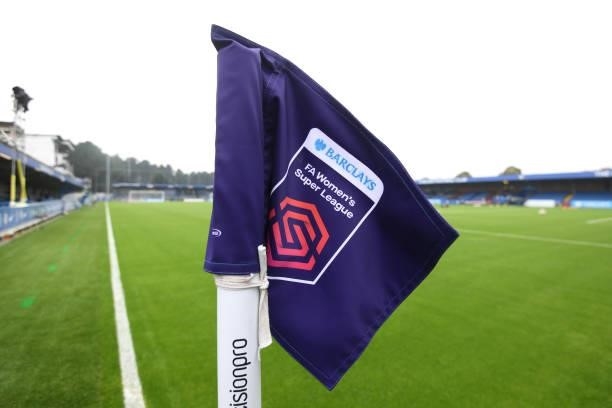 General view of a corner flag inside the stadium prior to the Barclays FA Women's Super League match between Chelsea Women and Leicester City Women...