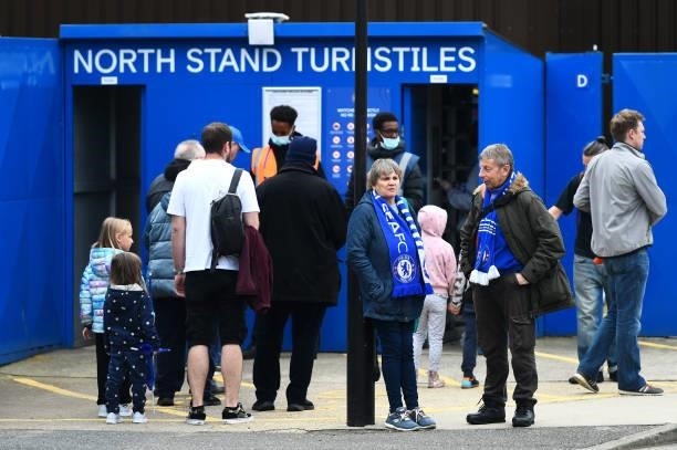 Fans arrive at the stadium prior to the Barclays FA Women's Super League match between Chelsea Women and Leicester City Women at Kingsmeadow on...