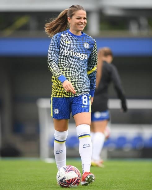 Melanie Leupolz of Chelsea reacts during the warm up prior to the Barclays FA Women's Super League match between Chelsea Women and Leicester City...