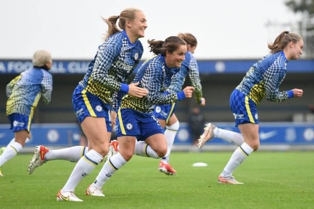 Magdalena Eriksson and Jessie Fleming of Chelsea warm up prior to the Barclays FA Women's Super League match between Chelsea Women and Leicester City...