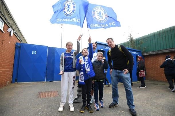 Chelsea fans show their support outside the stadium prior to the Barclays FA Women's Super League match between Chelsea Women and Leicester City...