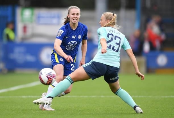 Niamh Charles of Chelsea passes the ball whilst under pressure from Jemma Purfield of Leicester City during the Barclays FA Women's Super League...