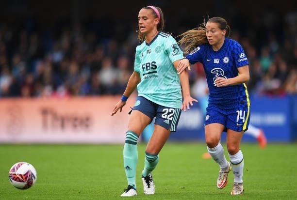 Ashleigh Plumptre of Leicester City shields the ball from Fran Kirby of Chelsea during the Barclays FA Women's Super League match between Chelsea...