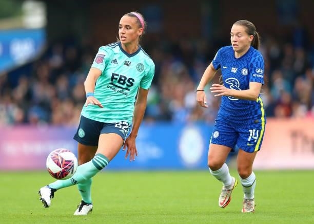 Ashleigh Plumptre of Leicester City and Fran Kirby of Chelsea in action during the Barclays FA Women's Super League match between Chelsea Women and...