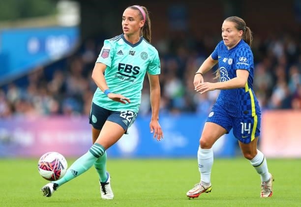 Ashleigh Plumptre of Leicester City and Fran Kirby of Chelsea in action during the Barclays FA Women's Super League match between Chelsea Women and...