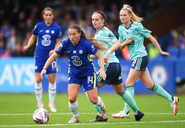 Fran Kirby of Chelsea looks to break away from Sam Tierney of Leicester City during the Barclays FA Women's Super League match between Chelsea Women...