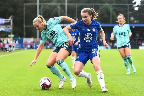 Jemma Purfield of Leicester City battles for possession with Niamh Charles of Chelsea during the Barclays FA Women's Super League match between...