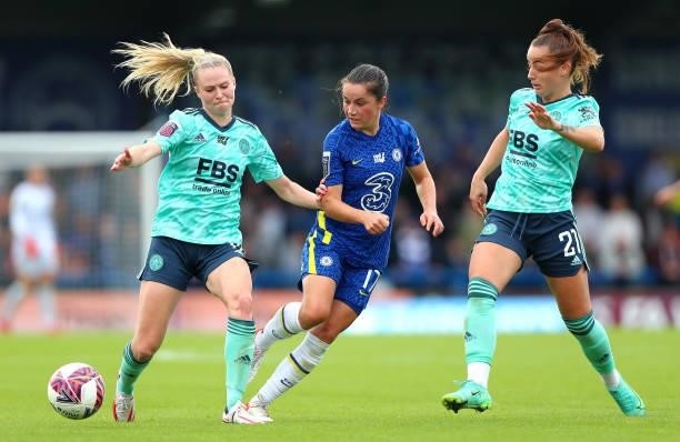 Jessie Fleming of Chelsea and Hannah Cain and Molly Pike of Leicester City in action during the Barclays FA Women's Super League match between...