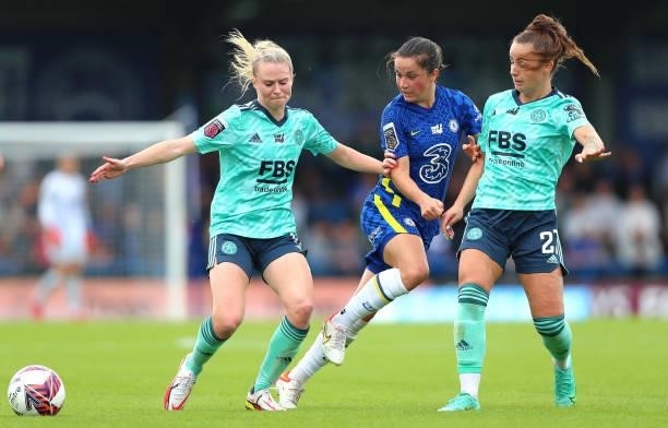Jessie Fleming of Chelsea and Hannah Cain and Molly Pike of Leicester City in action during the Barclays FA Women's Super League match between...