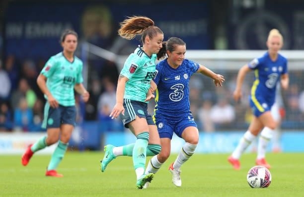 Jessie Fleming of Chelsea and Hannah Cain of Leicester City battle for the ball during the Barclays FA Women's Super League match between Chelsea...