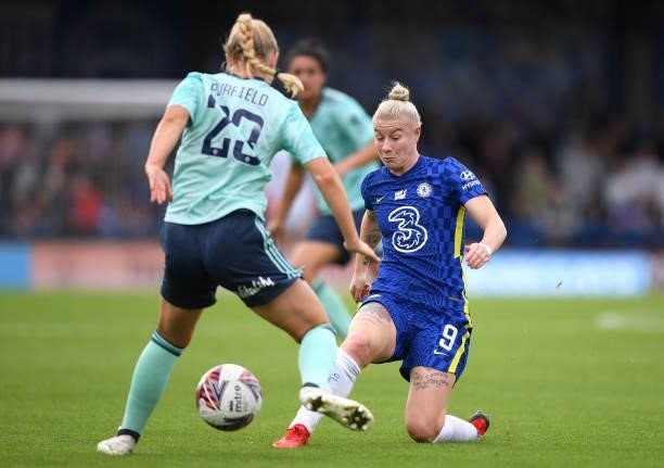 Bethany England of Chelsea is challenged by Ashleigh Plumptre of Leicester City during the Barclays FA Women's Super League match between Chelsea...