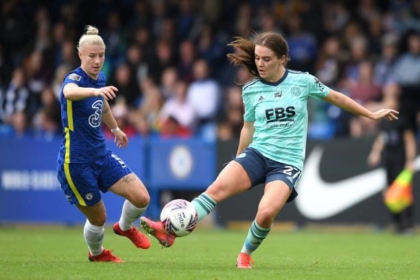 Shannon O'Brien of Leicester City passes the ball whilst under pressure from Bethany England of Chelsea during the Barclays FA Women's Super League...