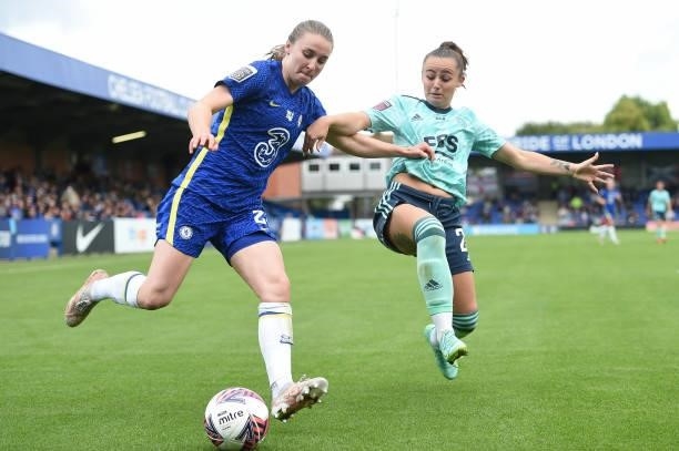 Niamh Charles of Chelsea is challenged by Hannah Cain of Leicester City during the Barclays FA Women's Super League match between Chelsea Women and...