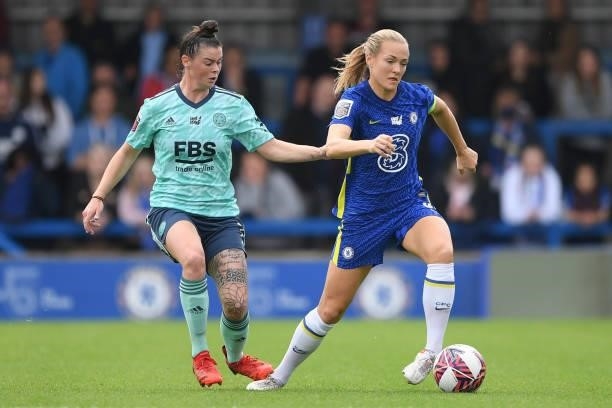 Magdalena Eriksson of Chelsea is challenged by Natasha Flint of Leicester City during the Barclays FA Women's Super League match between Chelsea...