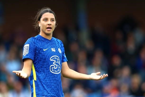 Sam Kerr of Chelsea reacts during the Barclays FA Women's Super League match between Chelsea Women and Leicester City Women at Kingsmeadow on October...