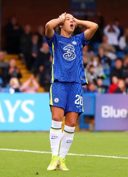 Sam Kerr of Chelsea reacts during the Barclays FA Women's Super League match between Chelsea Women and Leicester City Women at Kingsmeadow on October...