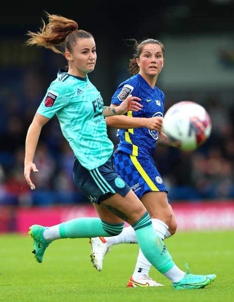 Jessie Fleming of Chelsea and Hannah Cain of Leicester City in action during the Barclays FA Women's Super League match between Chelsea Women and...