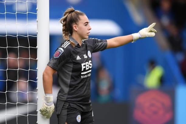 Kirstie Levell of Leicester City gives instructions during the Barclays FA Women's Super League match between Chelsea Women and Leicester City Women...