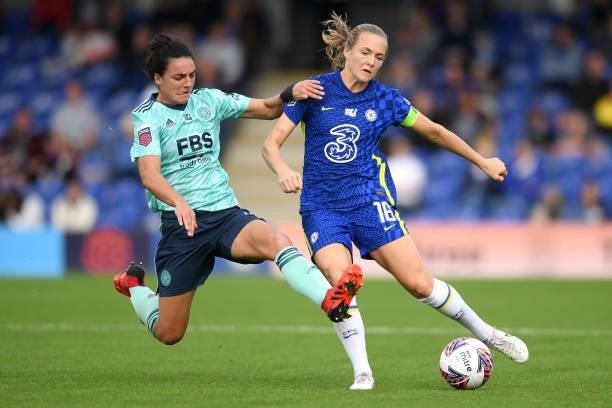 Magdalena Eriksson of Chelsea is challenged by Jess Sigsworth of Leicester City during the Barclays FA Women's Super League match between Chelsea...