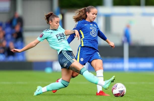 Guro Reiten of Chelsea and Hannah Cain of Leicester City battle for the ball during the Barclays FA Women's Super League match between Chelsea Women...