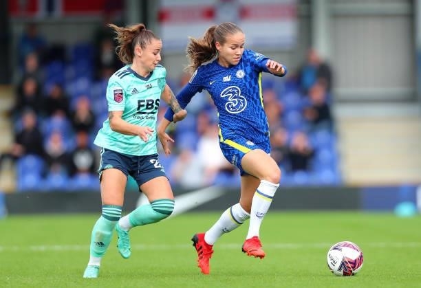 Guro Reiten of Chelsea and Hannah Cain of Leicester City battle for the ball during the Barclays FA Women's Super League match between Chelsea Women...