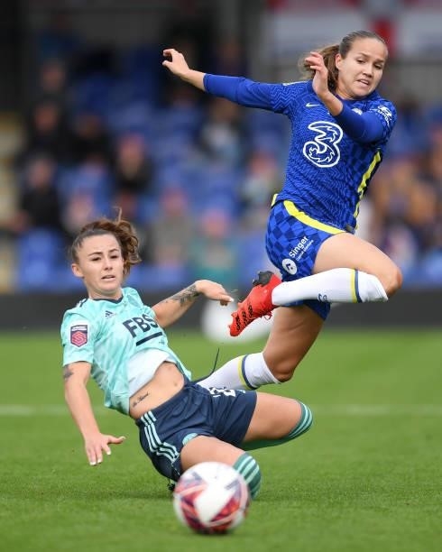 Guro Reiten of Chelsea is challenged by Hannah Cain of Leicester City during the Barclays FA Women's Super League match between Chelsea Women and...